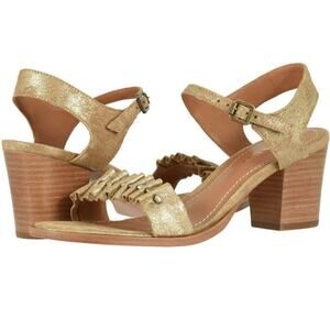 Trask Carrie Ruffled Beaded Metallic Gold Block Heel Sandals sz 9.5